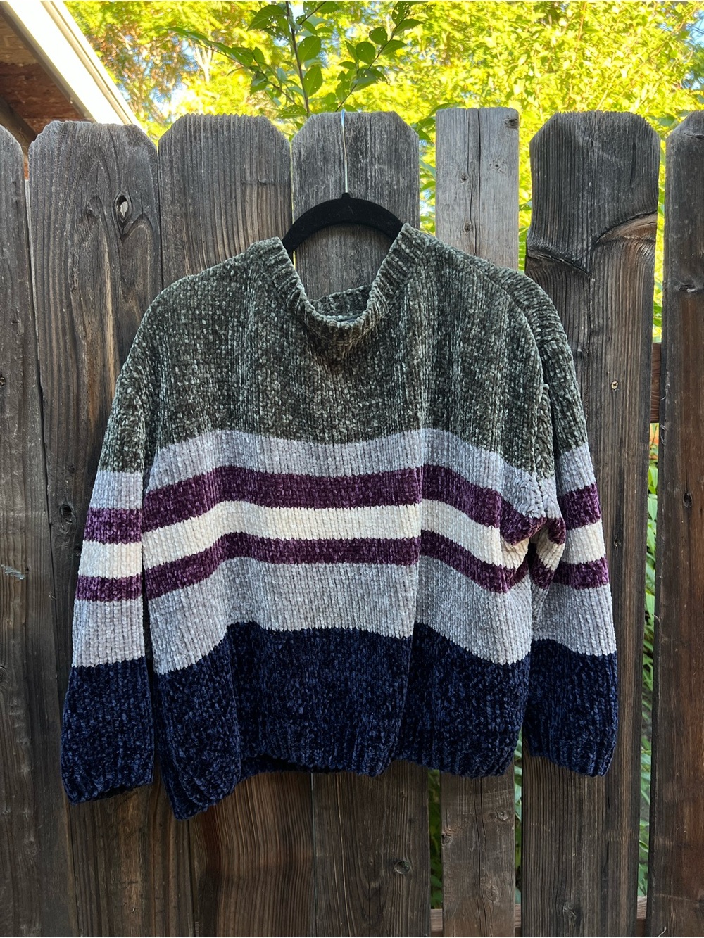 Striped Cozy Chenille Sweater in Olive, Cream & Navy